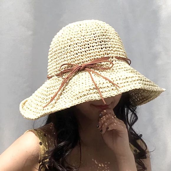 Hand Crafted Accessories - Boho Crochet Adjustable Wide Brim Leather Band Portable Summer Fishermen Hat NEW